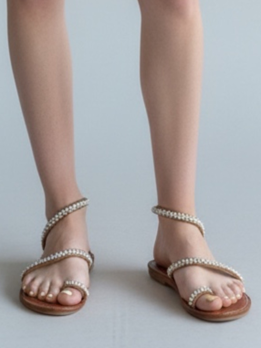 Boho Brown Pearl Beaded Toe Ring Strappy Flat Sandals Women's Size 10